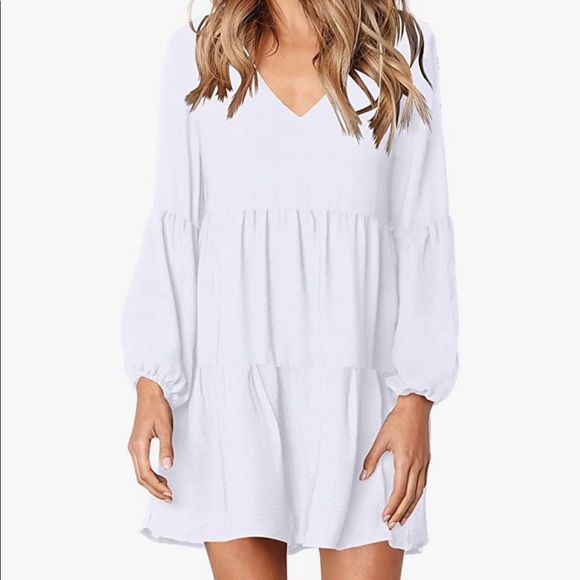 Women’s Tunic Dress | White V-Neck Long Sleeve - Picture 1 of 6